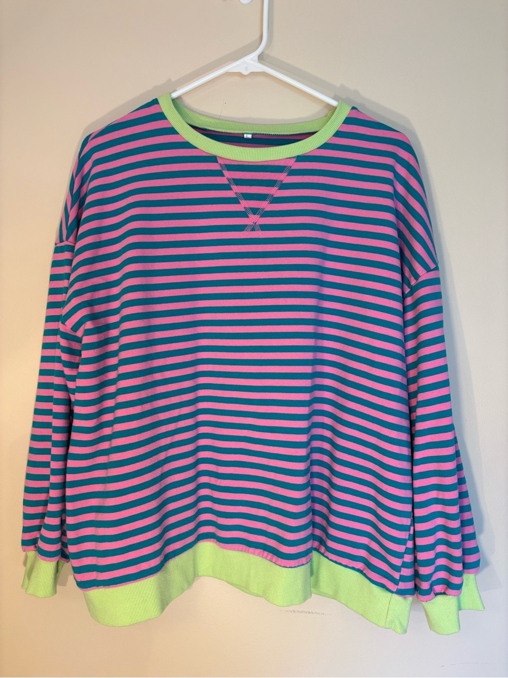 Women's Striped Crewneck Sweater in Pink and Blue with Lime Trim